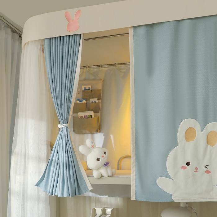 91家纺网 家纺一手货源 找家纺 都市缘蚊帐 2025新款学生宿舍导轨遮光床帘上下铺贴布卡通蚊帐0.8m 0.9m床 软萌兔-墨绿