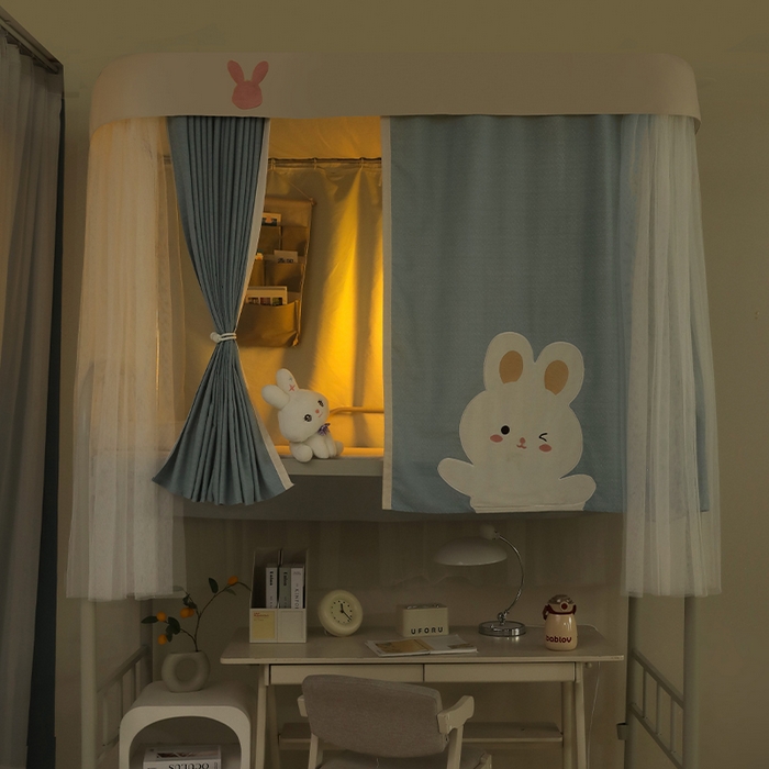 91家纺网 家纺一手货源 找家纺 都市缘蚊帐 2025新款学生宿舍导轨遮光床帘上下铺贴布卡通蚊帐0.8m 0.9m床 软萌兔-墨绿