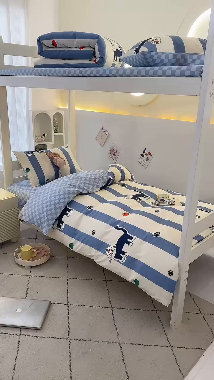 91家纺网 家纺一手货源 找家纺 水妙家纺 2025年新款A类全棉纯棉学生宿舍上下铺床笠六件套五件套 猫达人