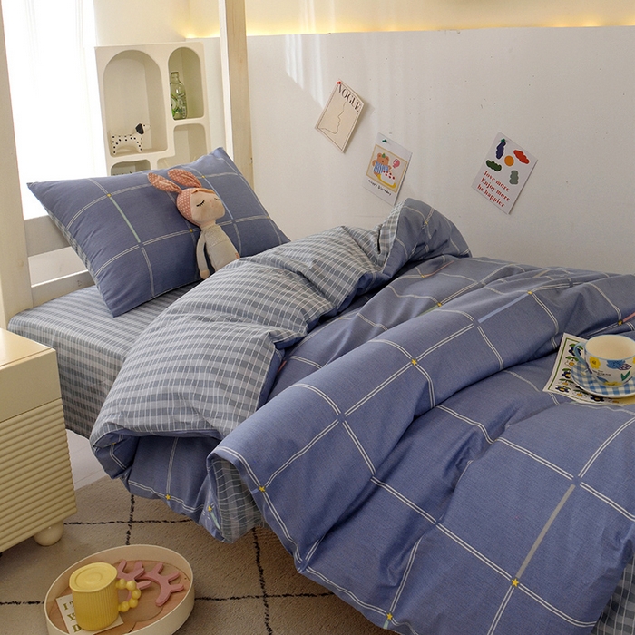 91家纺网 家纺一手货源 找家纺 水妙家纺 2025年新款A类全棉纯棉学生宿舍上下铺床笠六件套五件套 念初-蓝