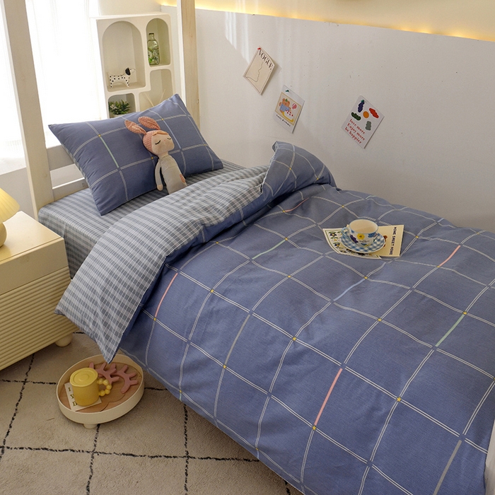 91家纺网 家纺一手货源 找家纺 水妙家纺 2025年新款A类全棉纯棉学生宿舍上下铺床笠六件套五件套 念初-蓝