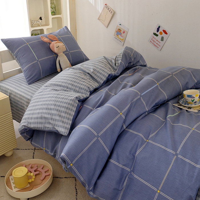 91家纺网 家纺一手货源 找家纺 水妙家纺 2025年新款A类全棉纯棉学生宿舍上下铺床笠六件套五件套 念初-蓝