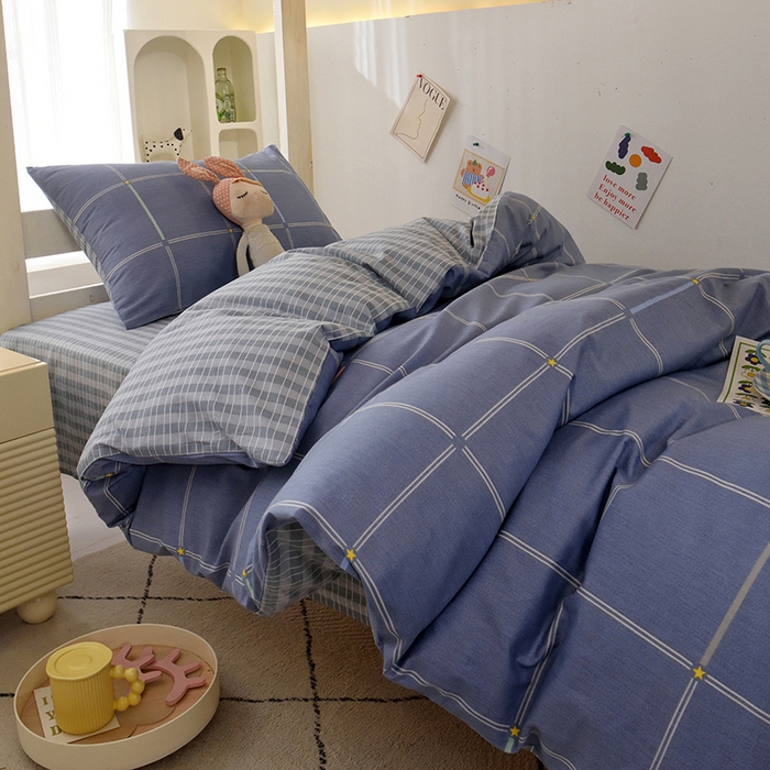 91家纺网 家纺一手货源 找家纺 水妙家纺 2025年新款A类全棉纯棉学生宿舍上下铺床笠六件套五件套 念初-蓝