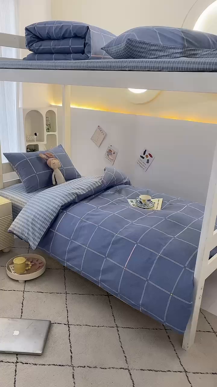 91家纺网 家纺一手货源 找家纺 水妙家纺 2025年新款A类全棉纯棉学生宿舍上下铺床笠六件套五件套 念初-蓝