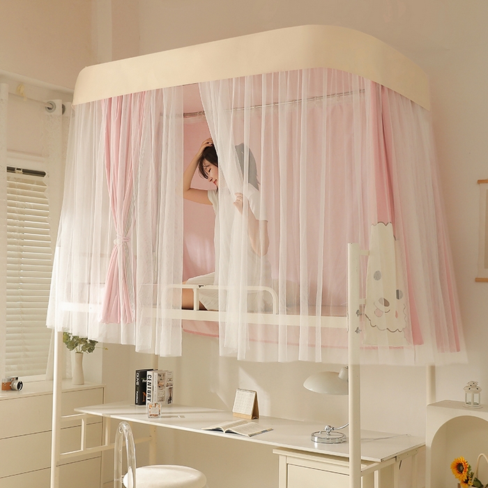 91家纺网 家纺一手货源 找家纺 都市缘蚊帐 2025新款学生宿舍导轨遮光床帘上下铺贴布卡通蚊帐0.8m 0.9m床 小白狗-粉