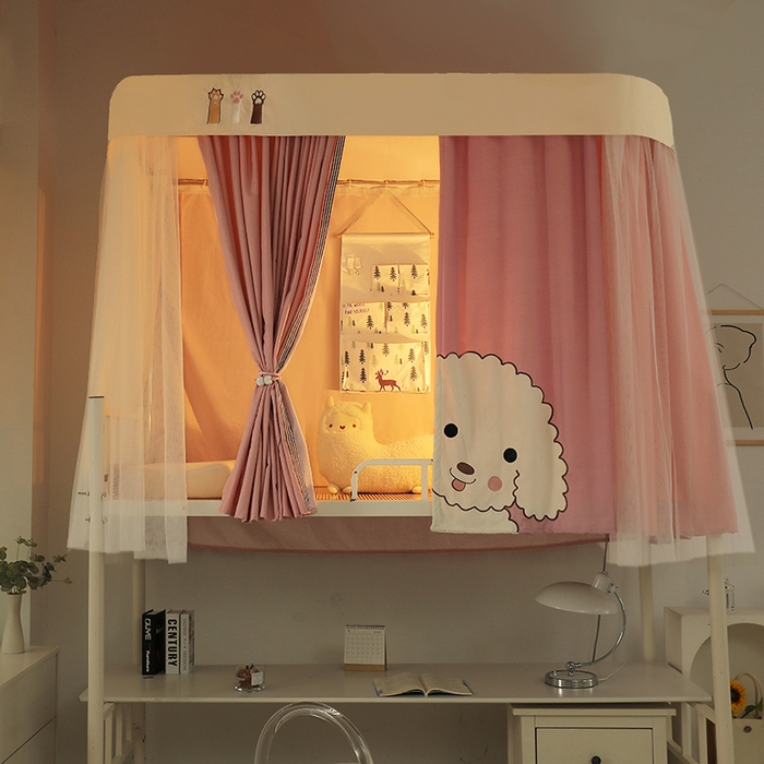 91家纺网 家纺一手货源 找家纺 都市缘蚊帐 2025新款学生宿舍导轨遮光床帘上下铺贴布卡通蚊帐0.8m 0.9m床 小白狗-粉