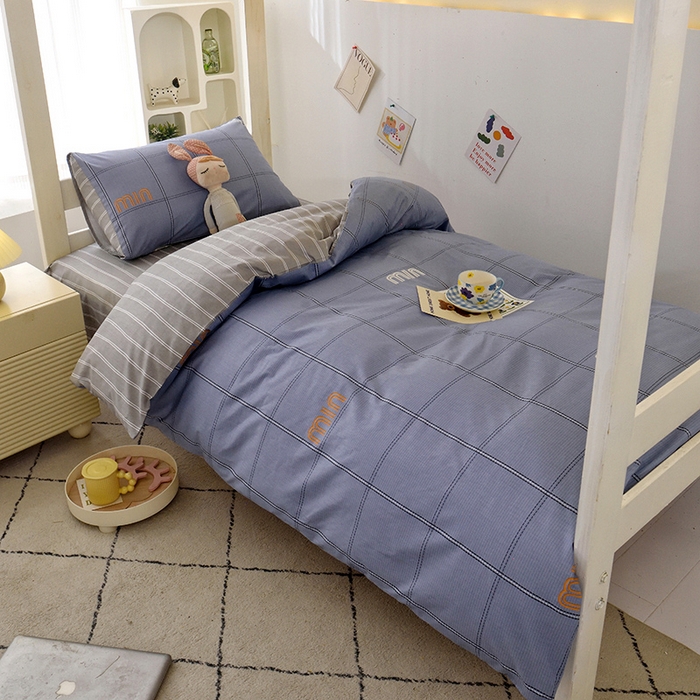 91家纺网 家纺一手货源 找家纺 水妙家纺 2025年新款A类全棉纯棉学生宿舍上下铺床笠六件套五件套 清韵-蓝