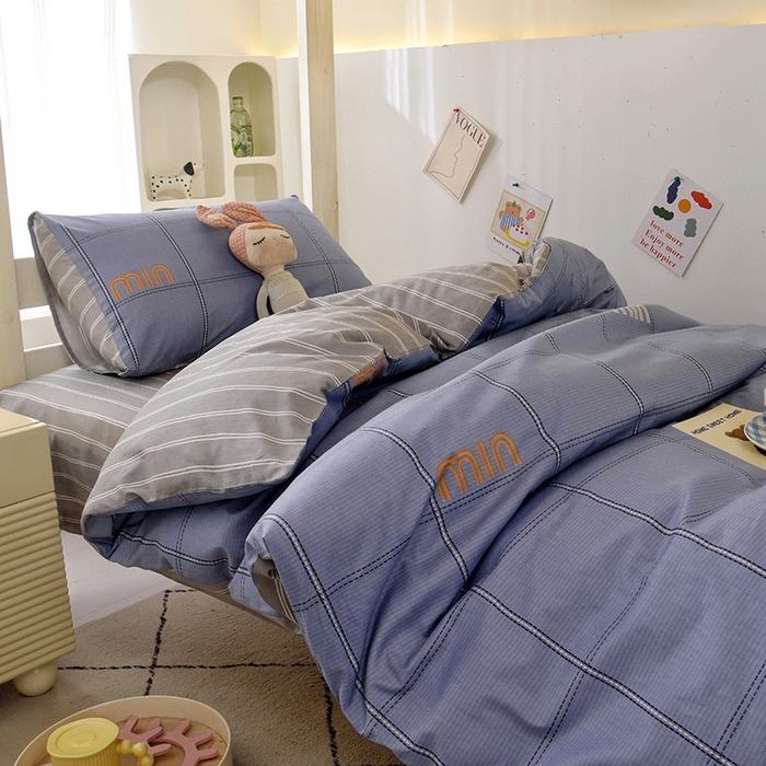 91家纺网 家纺一手货源 找家纺 水妙家纺 2025年新款A类全棉纯棉学生宿舍上下铺床笠六件套五件套 清韵-蓝