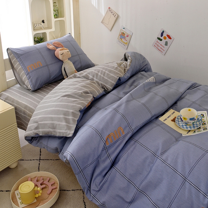 91家纺网 家纺一手货源 找家纺 水妙家纺 2025年新款A类全棉纯棉学生宿舍上下铺床笠六件套五件套 清韵-蓝