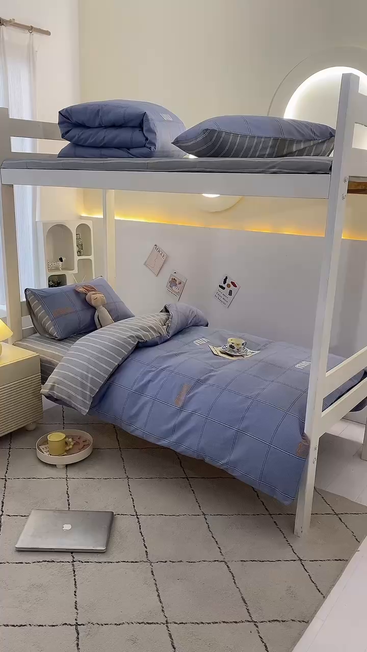 91家纺网 家纺一手货源 找家纺 水妙家纺 2025年新款A类全棉纯棉学生宿舍上下铺床笠六件套五件套 清韵-蓝