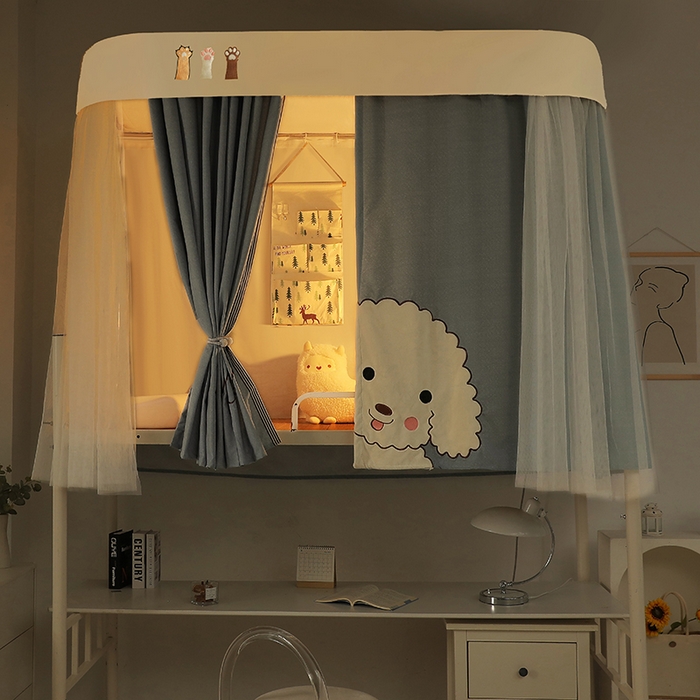 91家纺网 家纺一手货源 找家纺 都市缘蚊帐 2025新款学生宿舍导轨遮光床帘上下铺贴布卡通蚊帐0.8m 0.9m床 小白狗-浅灰