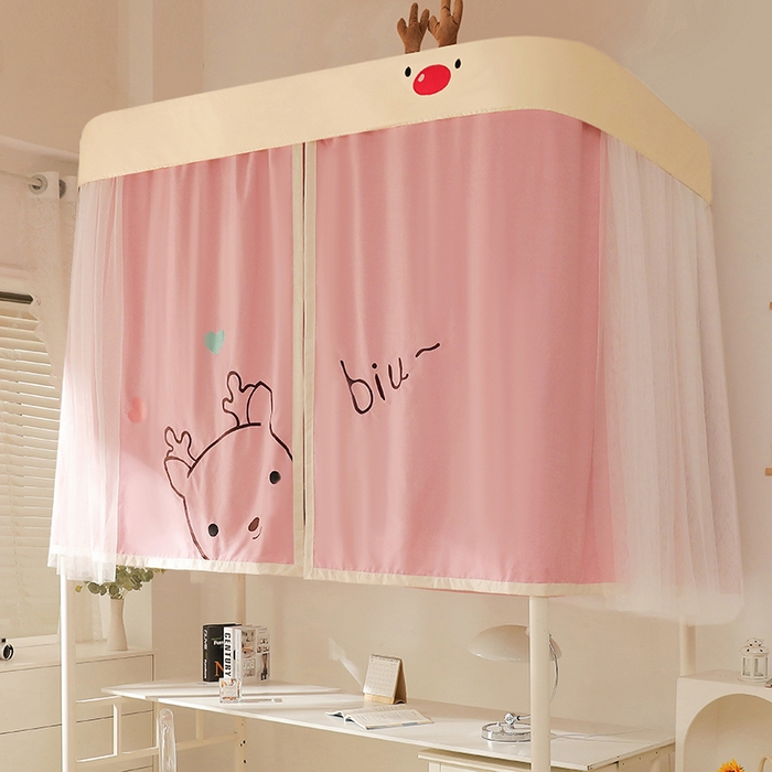 91家纺网 家纺一手货源 找家纺 都市缘蚊帐 2025新款学生宿舍导轨遮光床帘上下铺贴布卡通蚊帐0.8m 0.9m床 小鹿-粉