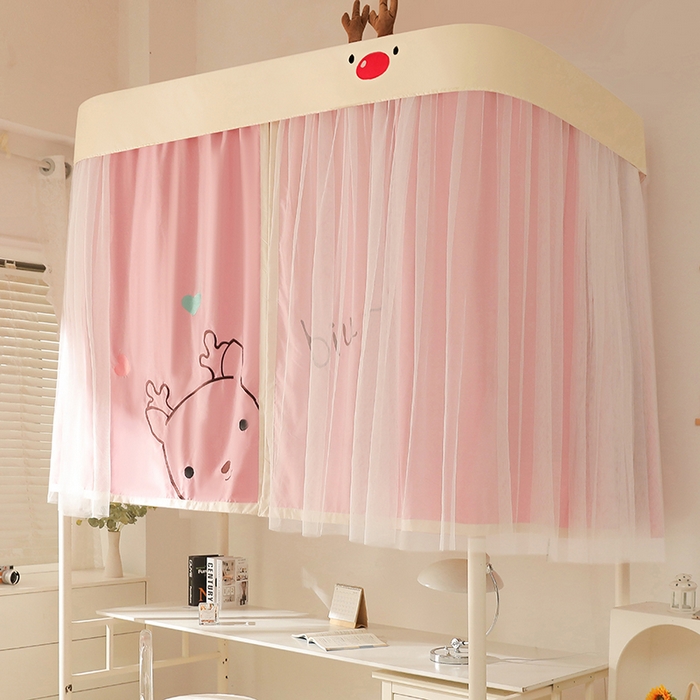 91家纺网 家纺一手货源 找家纺 都市缘蚊帐 2025新款学生宿舍导轨遮光床帘上下铺贴布卡通蚊帐0.8m 0.9m床 小鹿-粉
