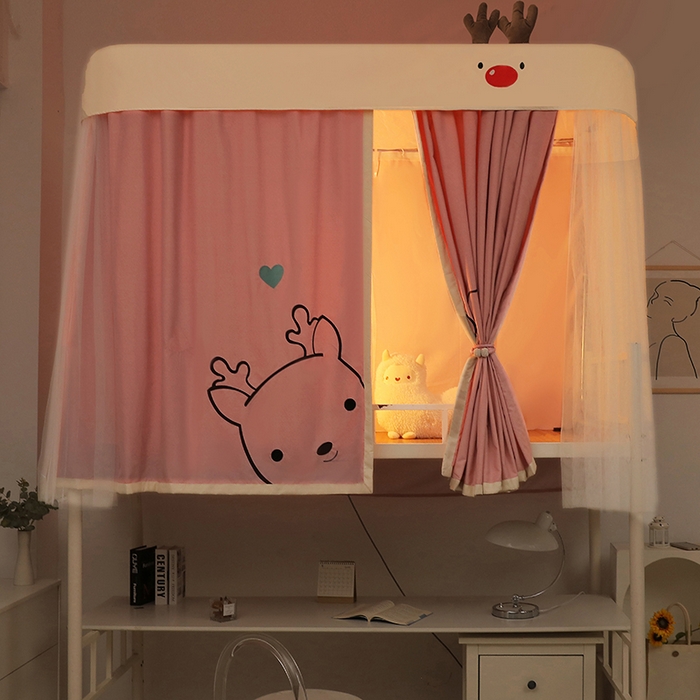 91家纺网 家纺一手货源 找家纺 都市缘蚊帐 2025新款学生宿舍导轨遮光床帘上下铺贴布卡通蚊帐0.8m 0.9m床 小鹿-粉