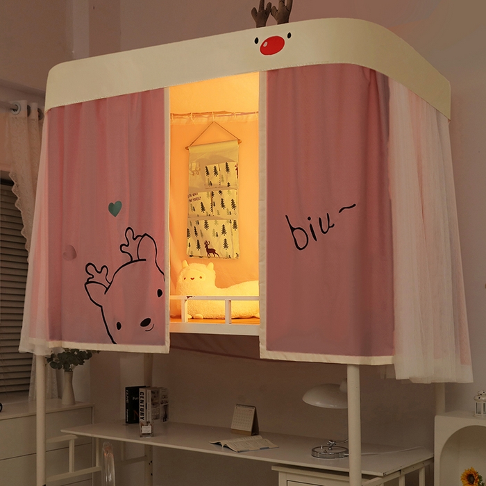 91家纺网 家纺一手货源 找家纺 都市缘蚊帐 2025新款学生宿舍导轨遮光床帘上下铺贴布卡通蚊帐0.8m 0.9m床 小鹿-粉