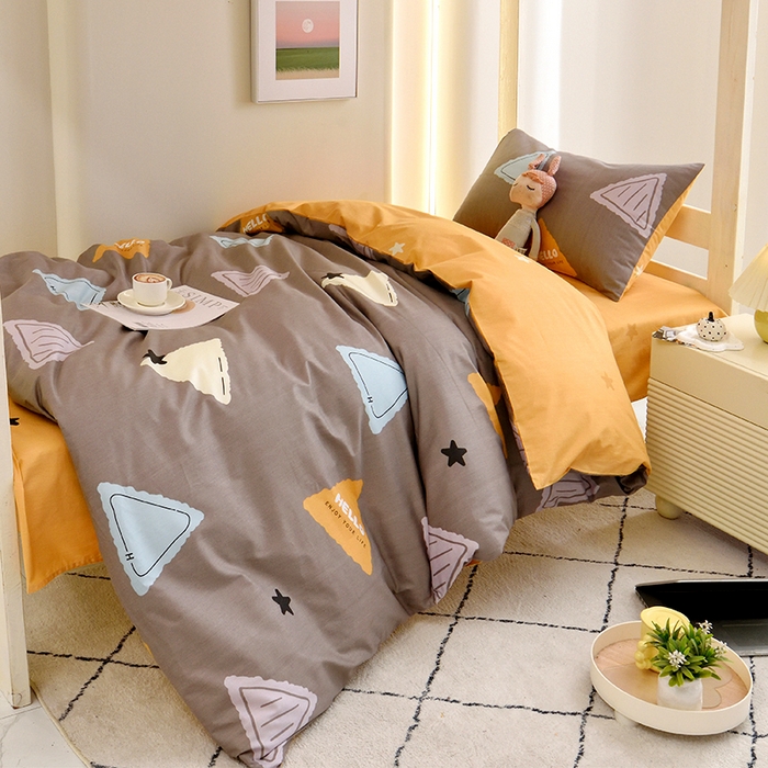 91家纺网 家纺一手货源 找家纺 水妙家纺 2025年新款A类全棉纯棉学生宿舍上下铺床笠六件套五件套 三角体-灰