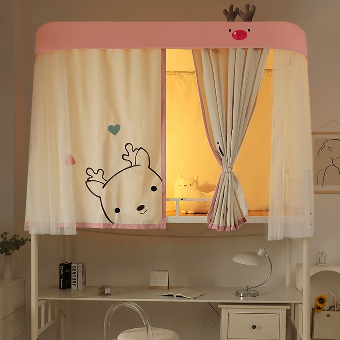 91家纺网 家纺一手货源 找家纺 都市缘蚊帐 2025新款学生宿舍导轨遮光床帘上下铺贴布卡通蚊帐0.8m 0.9m床 小鹿-驼