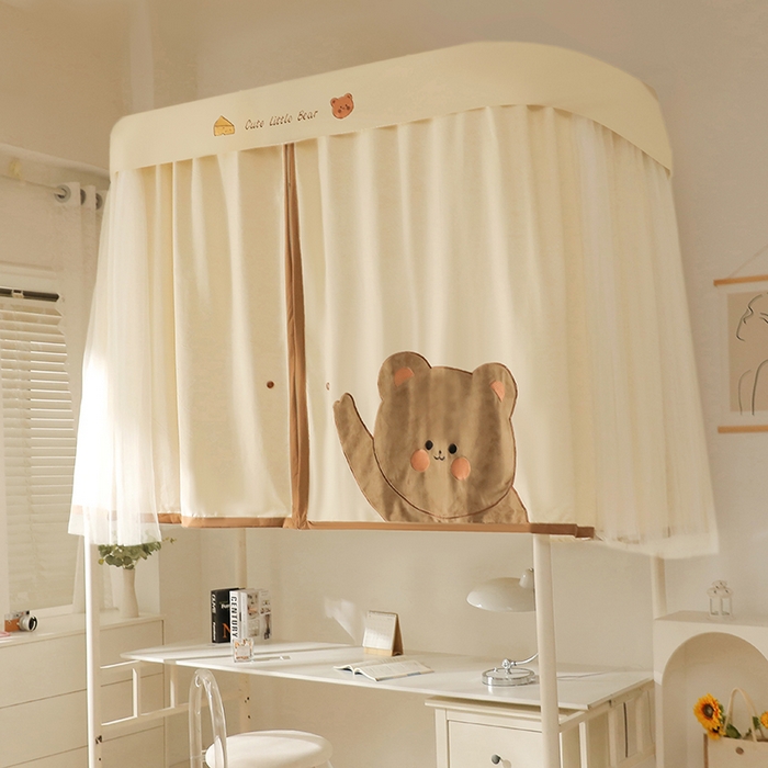 91家纺网 家纺一手货源 找家纺 都市缘蚊帐 2025新款学生宿舍导轨遮光床帘上下铺贴布卡通蚊帐0.8m 0.9m床 小棕熊 白色