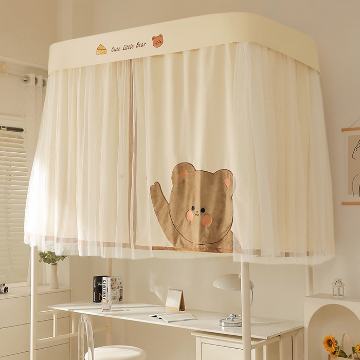 91家纺网 家纺一手货源 找家纺 都市缘蚊帐 2025新款学生宿舍导轨遮光床帘上下铺贴布卡通蚊帐0.8m 0.9m床 小棕熊 白色