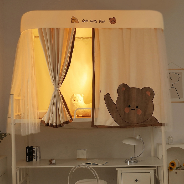 91家纺网 家纺一手货源 找家纺 都市缘蚊帐 2025新款学生宿舍导轨遮光床帘上下铺贴布卡通蚊帐0.8m 0.9m床 小棕熊 白色