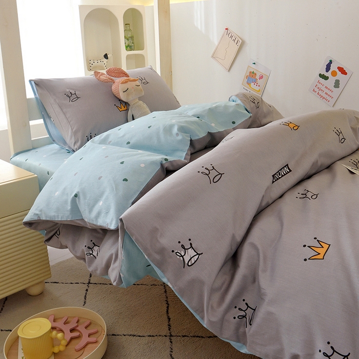 91家纺网 家纺一手货源 找家纺 水妙家纺 2025年新款A类全棉纯棉学生宿舍上下铺床笠六件套五件套 星耀皇冠-灰