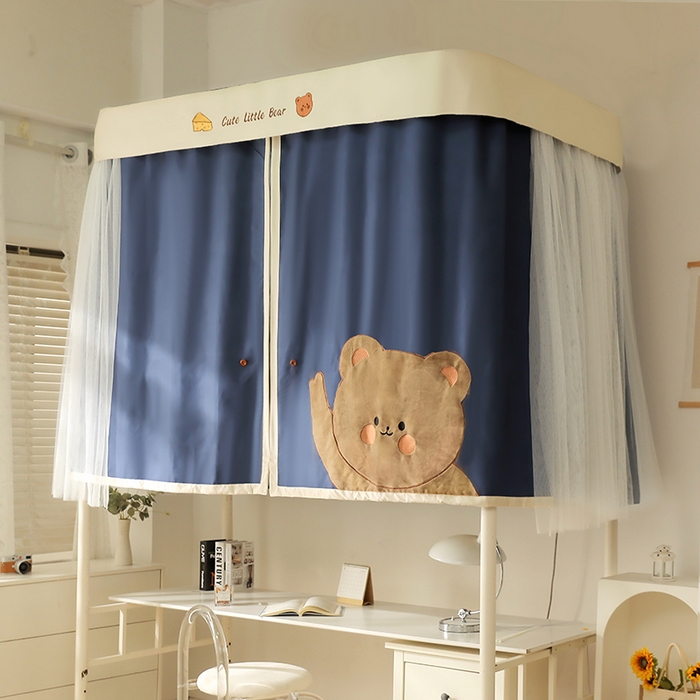 91家纺网 家纺一手货源 找家纺 都市缘蚊帐 2025新款学生宿舍导轨遮光床帘上下铺贴布卡通蚊帐0.8m 0.9m床 小棕熊 藏青