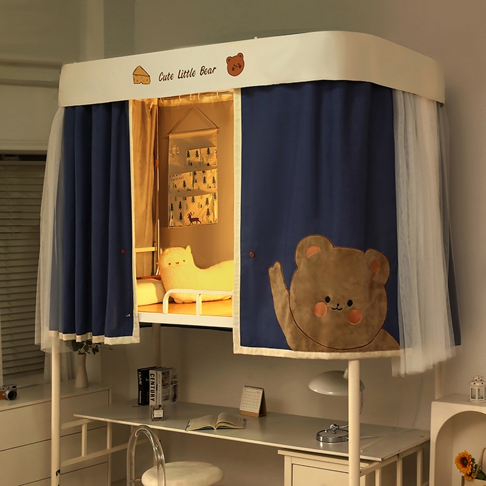 91家纺网 家纺一手货源 找家纺 都市缘蚊帐 2025新款学生宿舍导轨遮光床帘上下铺贴布卡通蚊帐0.8m 0.9m床 小棕熊 藏青