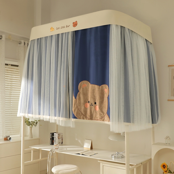 91家纺网 家纺一手货源 找家纺 都市缘蚊帐 2025新款学生宿舍导轨遮光床帘上下铺贴布卡通蚊帐0.8m 0.9m床 小棕熊 藏青