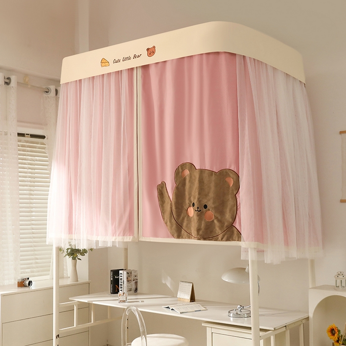 91家纺网 家纺一手货源 找家纺 都市缘蚊帐 2025新款学生宿舍导轨遮光床帘上下铺贴布卡通蚊帐0.8m 0.9m床 小棕熊 粉