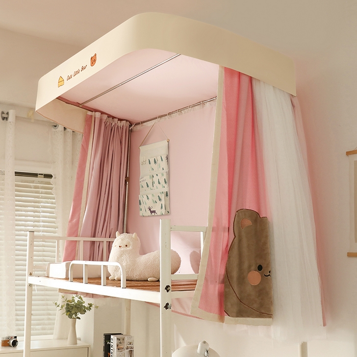 91家纺网 家纺一手货源 找家纺 都市缘蚊帐 2025新款学生宿舍导轨遮光床帘上下铺贴布卡通蚊帐0.8m 0.9m床 小棕熊 粉