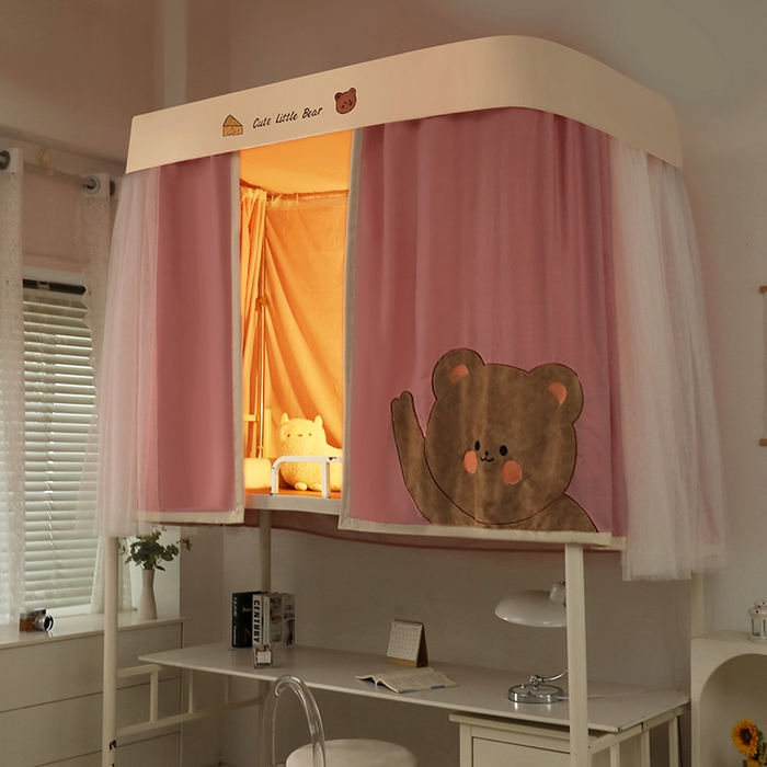 91家纺网 家纺一手货源 找家纺 都市缘蚊帐 2025新款学生宿舍导轨遮光床帘上下铺贴布卡通蚊帐0.8m 0.9m床 小棕熊 粉