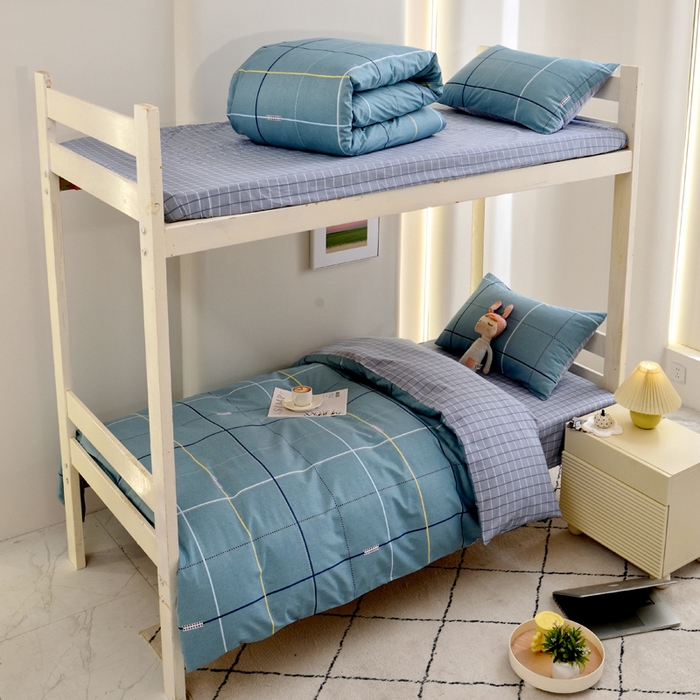 91家纺网 家纺一手货源 找家纺 水妙家纺 2025年新款A类全棉纯棉学生宿舍上下铺床笠六件套五件套 宇格-蓝