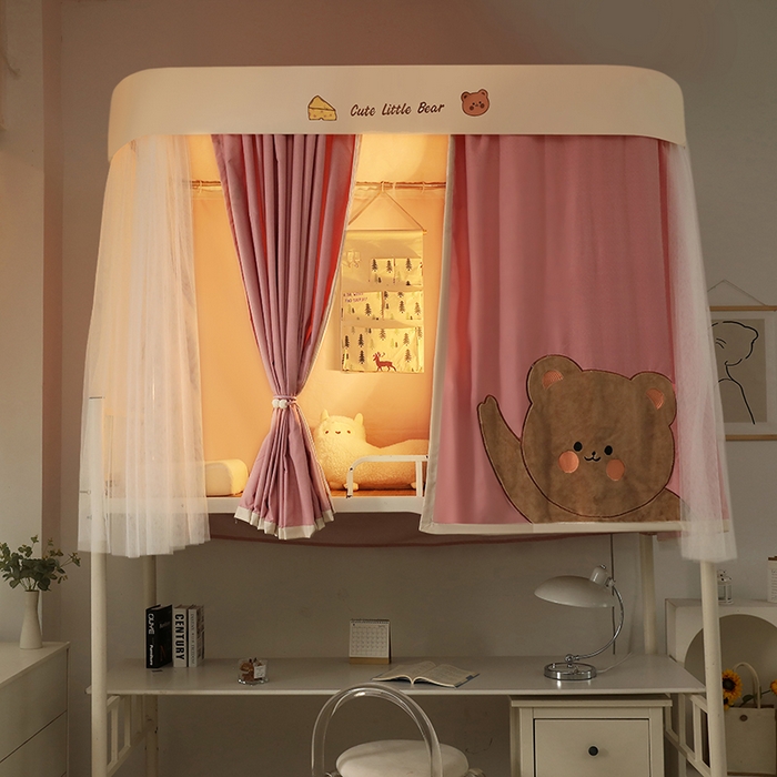 91家纺网 家纺一手货源 找家纺 都市缘蚊帐 2025新款学生宿舍导轨遮光床帘上下铺贴布卡通蚊帐0.8m 0.9m床 小棕熊 粉