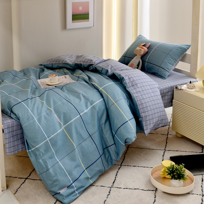 91家纺网 家纺一手货源 找家纺 水妙家纺 2025年新款A类全棉纯棉学生宿舍上下铺床笠六件套五件套 宇格-蓝