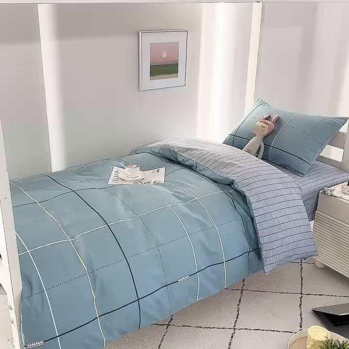 91家纺网 家纺一手货源 找家纺 水妙家纺 2025年新款A类全棉纯棉学生宿舍上下铺床笠六件套五件套 宇格-蓝