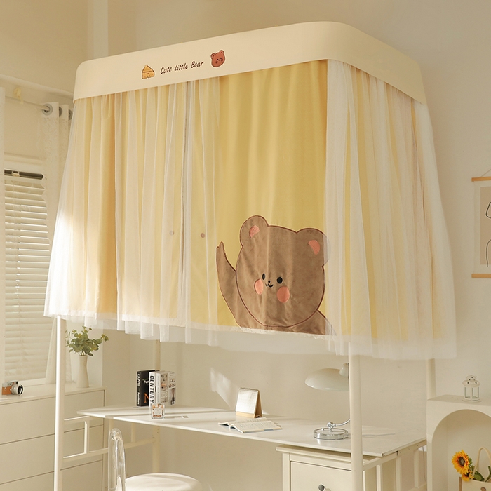 91家纺网 家纺一手货源 找家纺 都市缘蚊帐 2025新款学生宿舍导轨遮光床帘上下铺贴布卡通蚊帐0.8m 0.9m床 小棕熊 黄