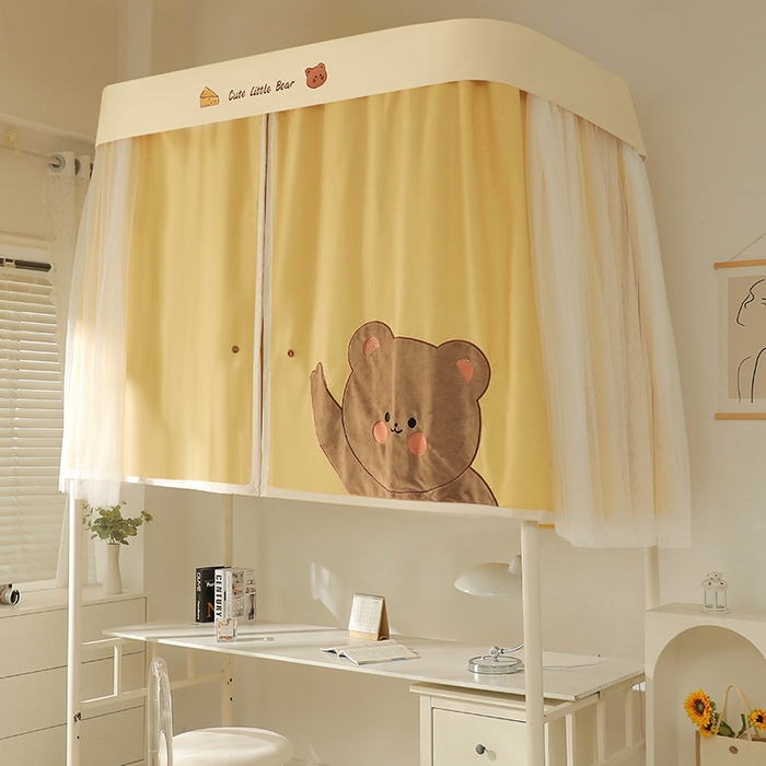 91家纺网 家纺一手货源 找家纺 都市缘蚊帐 2025新款学生宿舍导轨遮光床帘上下铺贴布卡通蚊帐0.8m 0.9m床 小棕熊 黄