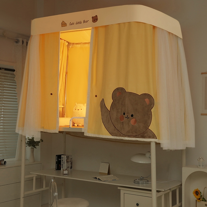 91家纺网 家纺一手货源 找家纺 都市缘蚊帐 2025新款学生宿舍导轨遮光床帘上下铺贴布卡通蚊帐0.8m 0.9m床 小棕熊 黄