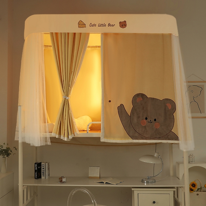 91家纺网 家纺一手货源 找家纺 都市缘蚊帐 2025新款学生宿舍导轨遮光床帘上下铺贴布卡通蚊帐0.8m 0.9m床 小棕熊 黄