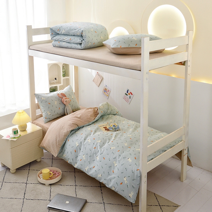 91家纺网 家纺一手货源 找家纺 水妙家纺 2025年新款A类全棉纯棉学生宿舍上下铺床笠六件套五件套 长耳兔-蓝