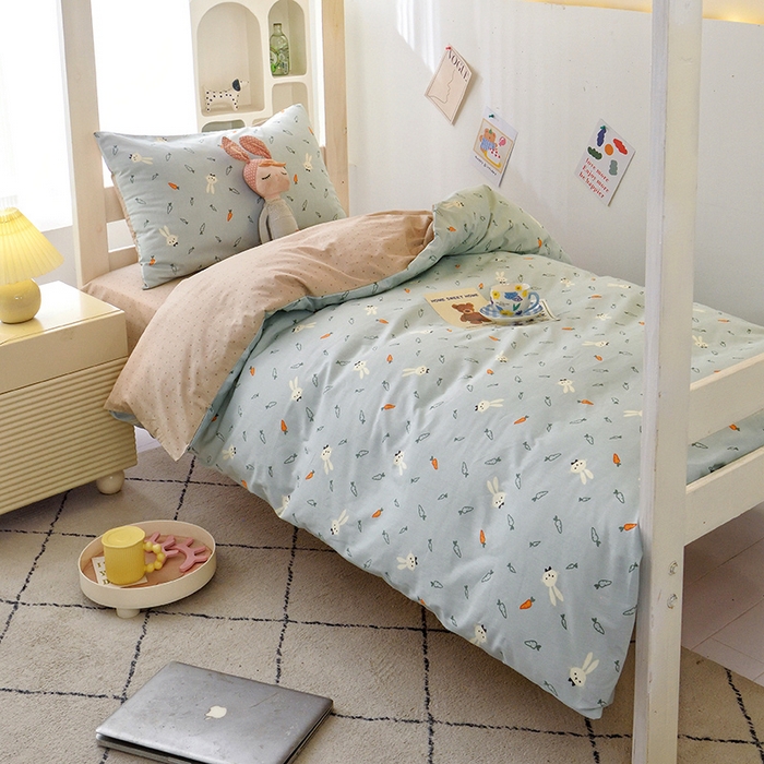 91家纺网 家纺一手货源 找家纺 水妙家纺 2025年新款A类全棉纯棉学生宿舍上下铺床笠六件套五件套 长耳兔-蓝