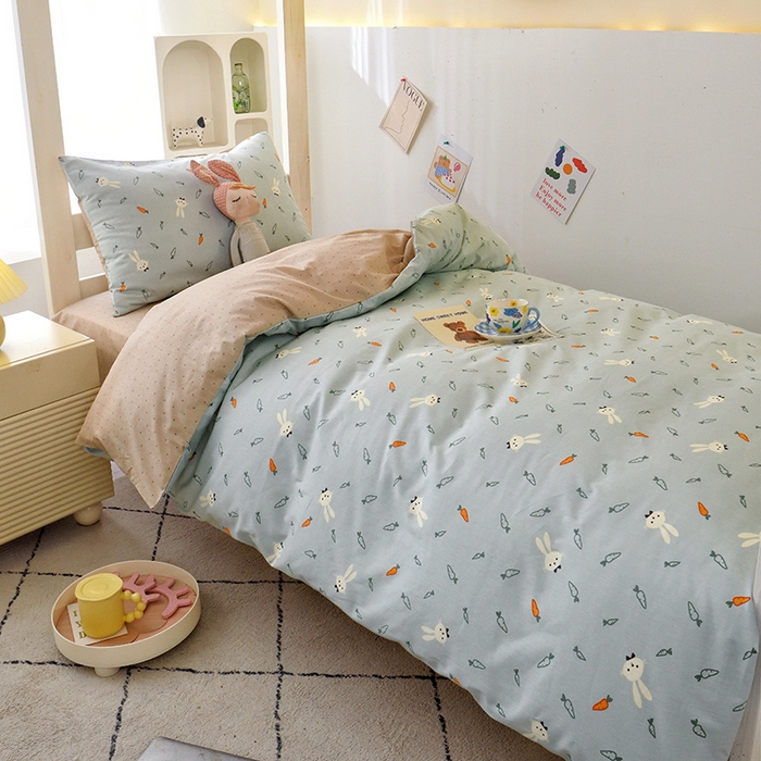 91家纺网 家纺一手货源 找家纺 水妙家纺 2025年新款A类全棉纯棉学生宿舍上下铺床笠六件套五件套 长耳兔-蓝