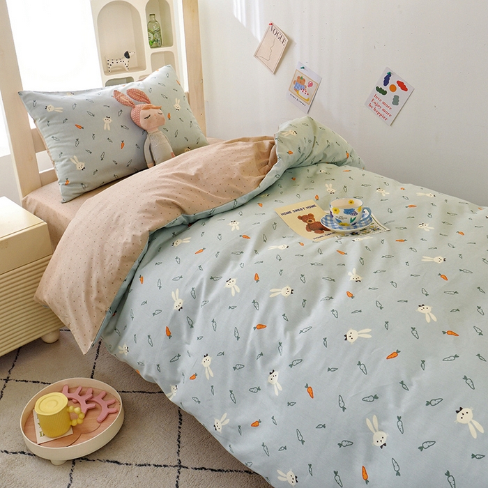 91家纺网 家纺一手货源 找家纺 水妙家纺 2025年新款A类全棉纯棉学生宿舍上下铺床笠六件套五件套 长耳兔-蓝