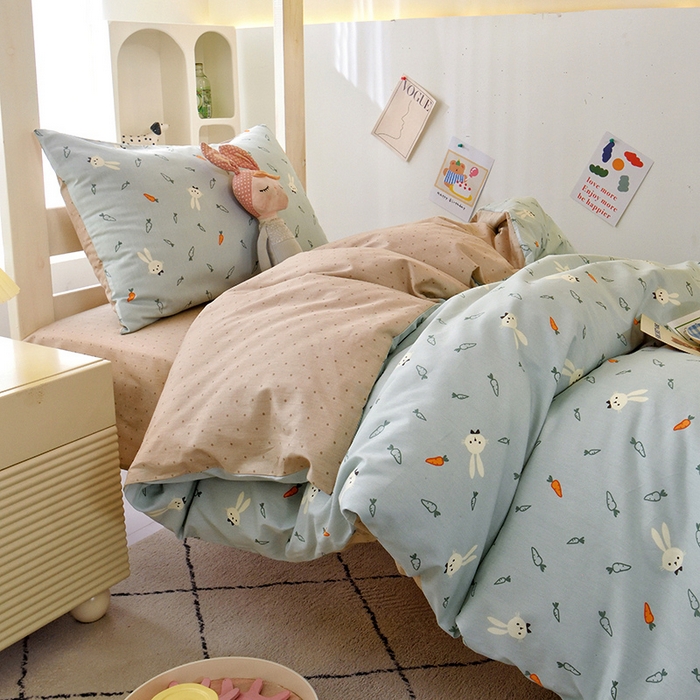 91家纺网 家纺一手货源 找家纺 水妙家纺 2025年新款A类全棉纯棉学生宿舍上下铺床笠六件套五件套 长耳兔-蓝