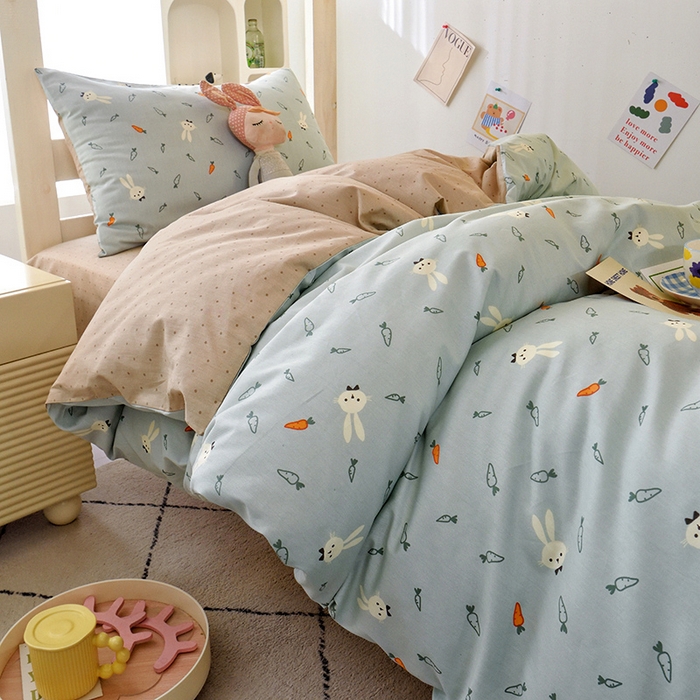 91家纺网 家纺一手货源 找家纺 水妙家纺 2025年新款A类全棉纯棉学生宿舍上下铺床笠六件套五件套 长耳兔-蓝