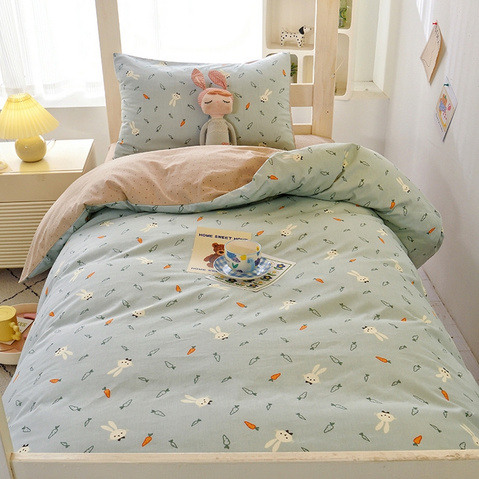 91家纺网 家纺一手货源 找家纺 水妙家纺 2025年新款A类全棉纯棉学生宿舍上下铺床笠六件套五件套 长耳兔-蓝