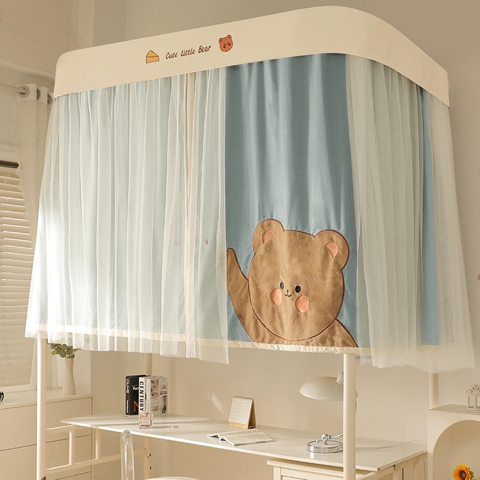 91家纺网 家纺一手货源 找家纺 都市缘蚊帐 2025新款学生宿舍导轨遮光床帘上下铺贴布卡通蚊帐0.8m 0.9m床 小棕熊 墨绿