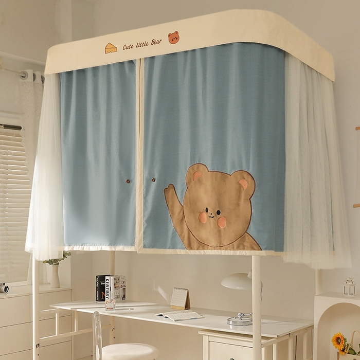 91家纺网 家纺一手货源 找家纺 都市缘蚊帐 2025新款学生宿舍导轨遮光床帘上下铺贴布卡通蚊帐0.8m 0.9m床 小棕熊 墨绿