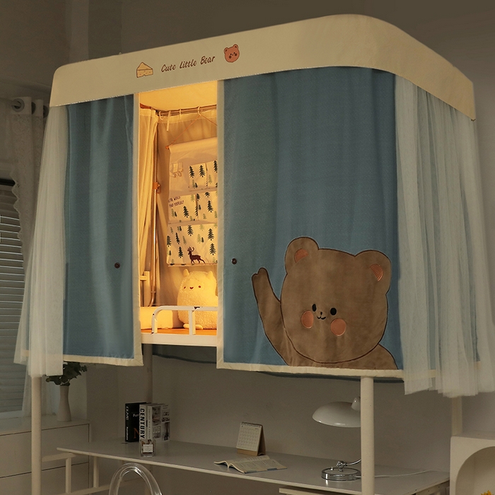 91家纺网 家纺一手货源 找家纺 都市缘蚊帐 2025新款学生宿舍导轨遮光床帘上下铺贴布卡通蚊帐0.8m 0.9m床 小棕熊 墨绿