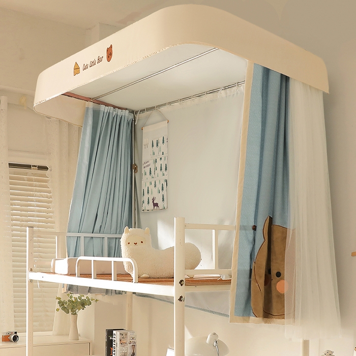 91家纺网 家纺一手货源 找家纺 都市缘蚊帐 2025新款学生宿舍导轨遮光床帘上下铺贴布卡通蚊帐0.8m 0.9m床 小棕熊 墨绿